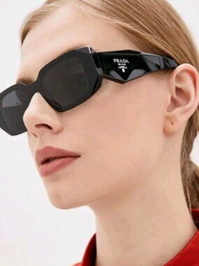 Prada Symbole Rectangle Sunglasses Black SPR 17W Logo Temple Made in Italy w/ Ca